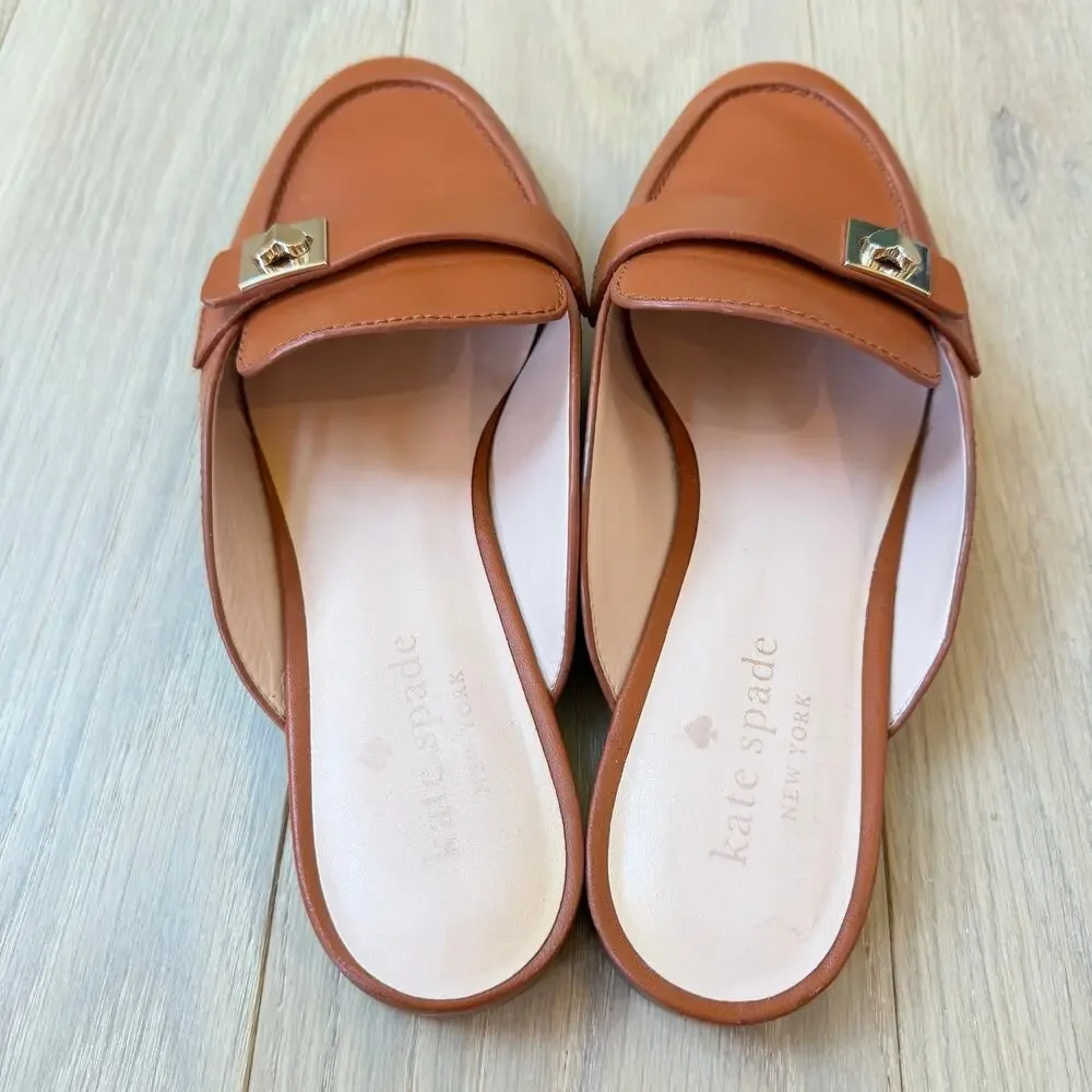 Kate Spade Coda Mules Hot Cider Cognac Brown Leather Gold‑Tone Hardware Size 6